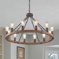 Farmhouse Wagon Wheel Chandelier 31" Black Rustic Light Fixtures 12-Light Wood Round Chandelier for Dining Room Living Room Entryway Foyer