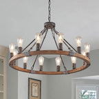 Farmhouse Wagon Wheel Chandelier 31" Black Rustic Light Fixtures 12-Light Wood Round Chandelier for Dining Room Living Room Entryway Foyer