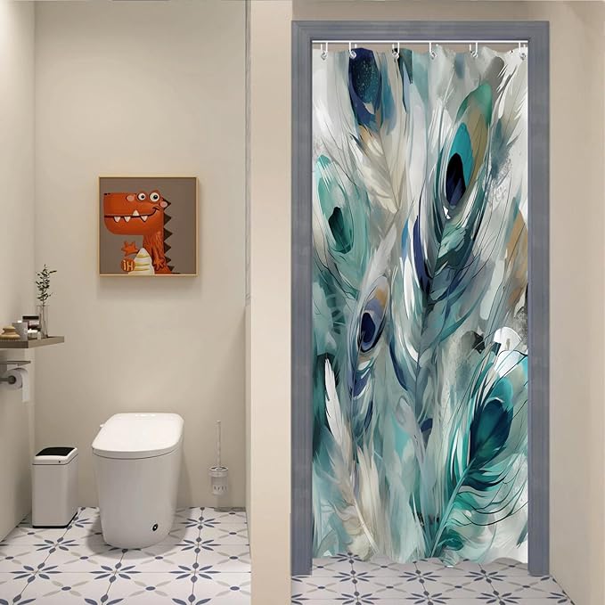 Vintage Peacock Feathers Stall Shower Curtain Modern Watercolor Peafowl Feather Shower Curtain Set with 6 Hooks 36x72 inch Polyester Machine Washable, Blue Grey and White