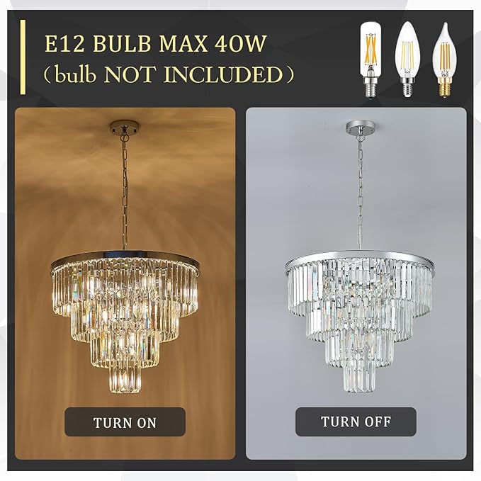Modern Chrome Crystal Chandeliers 24” Luxury Chandeliers 4-Tier 12 Lights K9 Crystal Round Ceiling Pendant Light Fixture Contemporary for Living Dining Room Foyer Staircase Bedroom