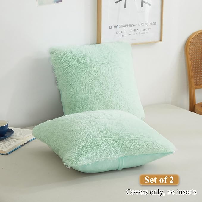 XeGe Faux Fur Throw Pillow Covers, Shaggy Fluffy Cushion Covers, Plush Furry Pillow Cases, Fuzzy Decorative Pillow Shams with Zipper Set of 2 for Sofa Bed Couch Living Room (18''x18'', Aqua Green)