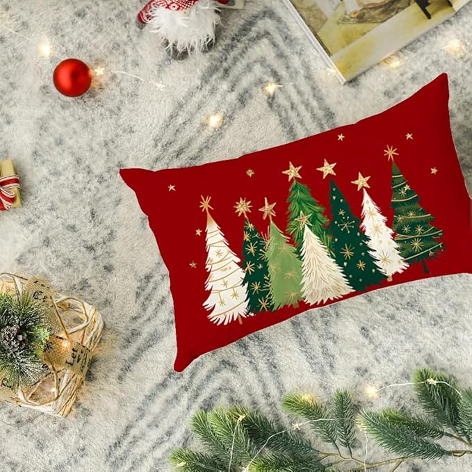 RABUSOFA Christmas Tree Pillow Covers 12x20 Inch,Watercolor Christmas Decorations Pillows Decorative Throw Pillows Stars Xmas Lumbar Cushion Case for Home Decor Couch Winter Holiday(4-Red)