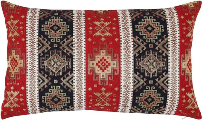 Tapestry Gobelin Red-Black 12"x20" Lumbar Pillow Cover Sham Ethnic Kilim Aztec Pattern Throw Decorative for Home Decor, Sofa, Couch, Porch, Patio, Veranda