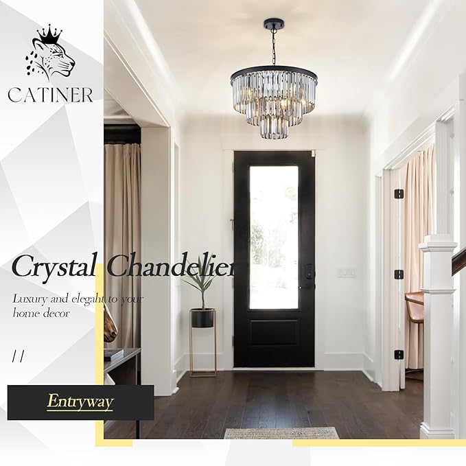 Modern Smoke Gray Crystal Chandeliers, Black 20” Round Chandelier 3 Tiers 7 Lights Luxury K9 Crystal Ceiling Pendant Light Fixture for Dining Room Foyer Bedroom Closet