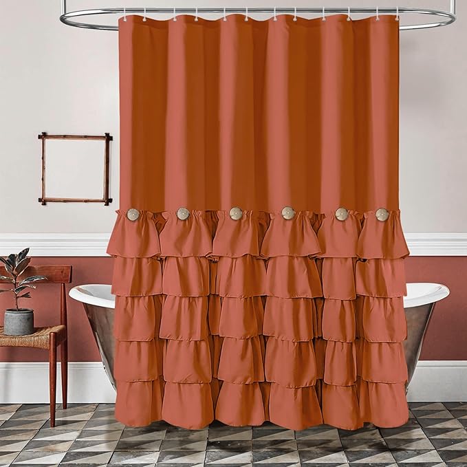 Seasonwood Orange Shower Curtain Burnt Orange Shower Curtain with Nature Buttons Ruffle Shower Curtains Farmhouse Shower Curtains for Bathroom 72" W x 72" L,Dark Orange