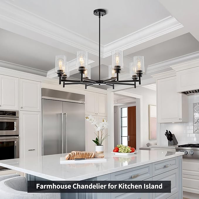 Matte Black Chandeliers for Dining Room, Farmhouse Chandeliers 8 Light Dining Room Light Fixture with Clear Glass Shades Pendant Lighting for Kitchen Island Living Room Staircase