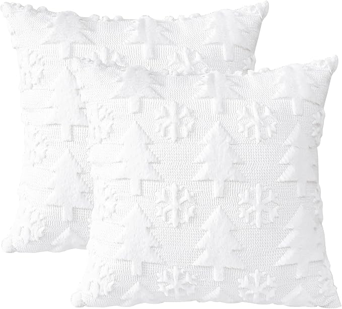 OTOSTAR Set of 2 Xmas Soft Plush Short Wool Velvet Decorative Throw Pillow Covers Square Luxury Style Cushion Case Pillow Shell for Sofa Bedroom Tree and Snowflake White, 20x20 Inch
