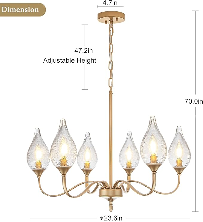 6-Light Farmhouse Brass Gold vintage Chandelier 23.6 Inch - Rustic Industrial Iron Candle Hanging with Clear Glass Shades - Dining Room Lighting Fixture for Hallway, Living Room, Foyer, Kitchen Island