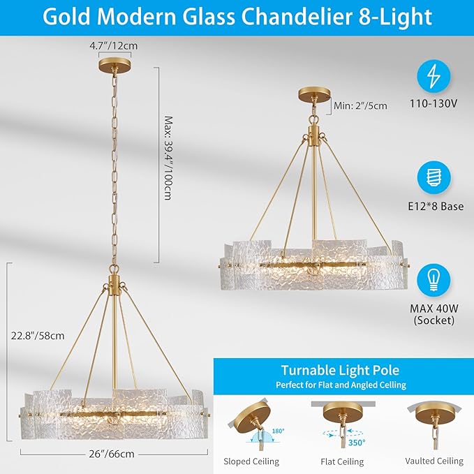 XINGQI Large 8-Light Modern Gold Glass Chandelier 26" Drum Light Fixture Round Water Ripple Pendant Lighting for Dining Room Living Room Kitchen Island Office
