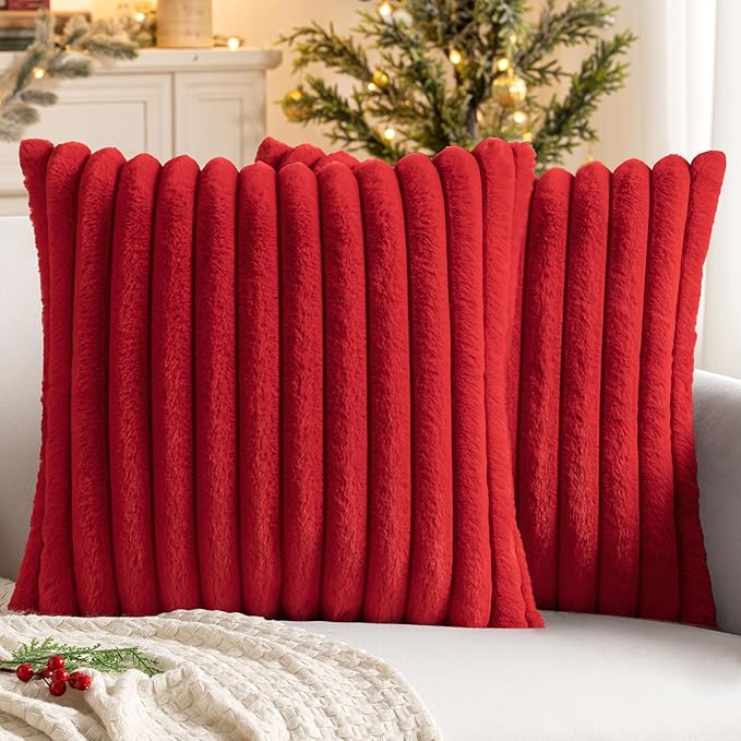 MIULEE Faux Fur Christmas Decorative Throw Pillow Covers 20x20 Inch Set of 2, Modern Spring Home Decor Soft Plush Couch Pillows Cozy Fluffy Cushion Covers for Sofa Bed Red