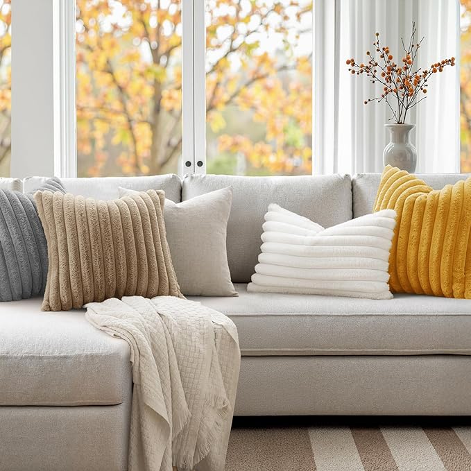 MIULEE Faux Fur Decorative Throw Pillow Covers 20x20 Inch Set of 2, Modern Spring Home Decor Soft Plush Couch Pillows Cozy Fluffy Cushion Covers for Sofa Khaki