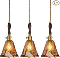 Amber Glass Vintage Pendant Light Height Adjustable Handmade Glass Pendant Lights Kitchen Island Gold Hanging Light Fixture with Wood Handle for Bedroom Dining Room Hotel (3 Pack)