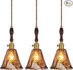 Amber Glass Vintage Pendant Light Height Adjustable Handmade Glass Pendant Lights Kitchen Island Gold Hanging Light Fixture with Wood Handle for Bedroom Dining Room Hotel (3 Pack)