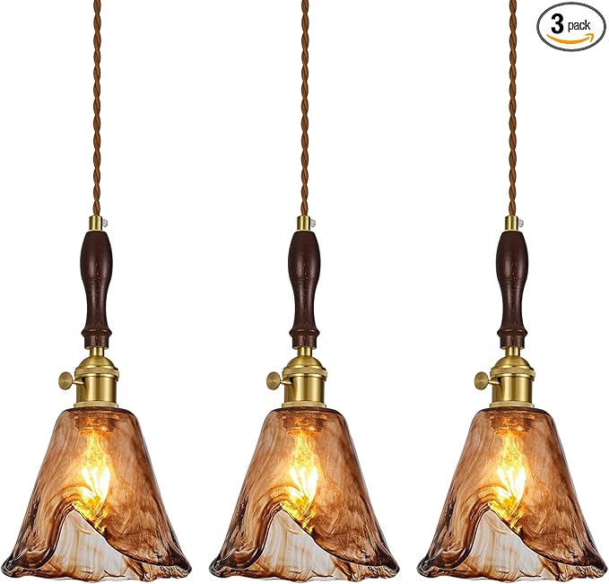 Amber Glass Vintage Pendant Light Height Adjustable Handmade Glass Pendant Lights Kitchen Island Gold Hanging Light Fixture with Wood Handle for Bedroom Dining Room Hotel (3 Pack)