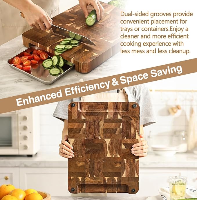 XINZUO Large Thick End Grain Acacia Wood Cutting Board -(16‘’L x 12''W x 1.6''T)-Dark Wood Cutting Board,Reversible Wooden Chopping Board with Non-Slip Feet-Catches Food and Waste-Giftbox