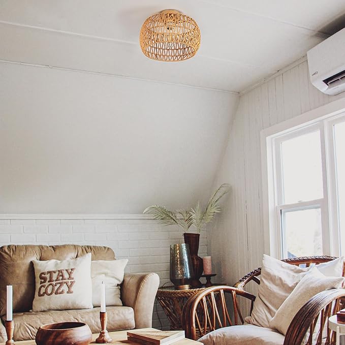 Boho Ceiling Light Fixtures Rattan Chandelier Bedroom Light Small Rattan Flush Mount Ceiling Light Hand-Woven Chandelier for Nursery Light Kitchen Farmhouse Chandeliers
