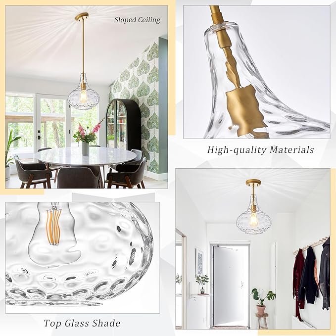 11" Clear Glass Pendant Light – Large Hand-Blown Glass Shade with Hammered Texture and Gold Finish, Adjustable Ceiling Hanging Light for Kitchen Island, Dining Room, Hallway, Living Room