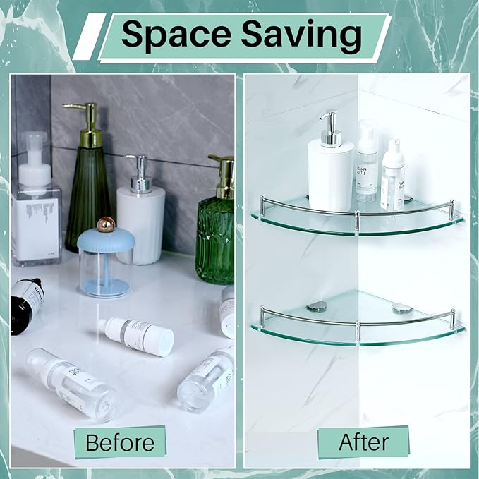 Crowye 2 Pcs Corner Shower Shelf 2-tier Glass Corner Shelf Stainless Steel Wall Mounted Bathroom Organizer for Storing Shower Gel Shampoo Brush, 9.25 Inches