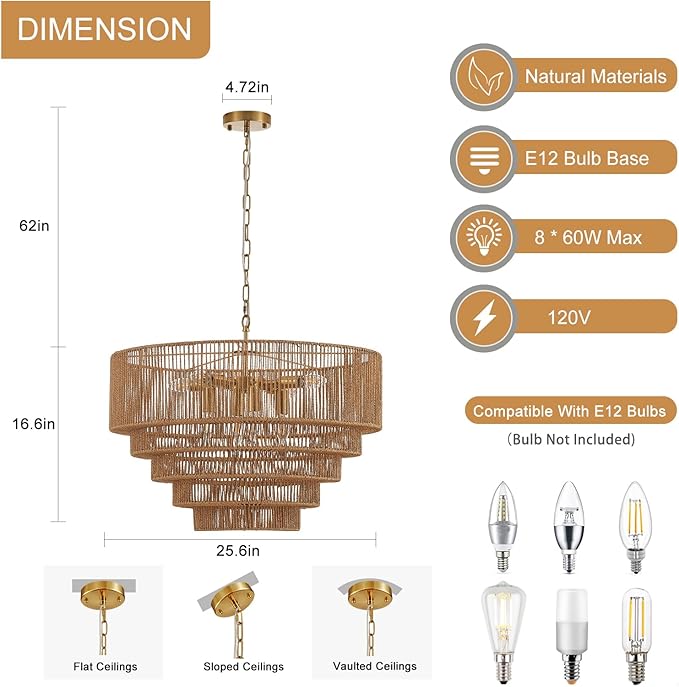 25.6" Large Rattan Chandelier Vintage 8-Lights Farmhouse Boho Hand-Woven Bamboo Chandelier Light Fixture Retro Drum Wicker Golden Chandeliers for Dining Room, Kitchen, Bedroom, E12