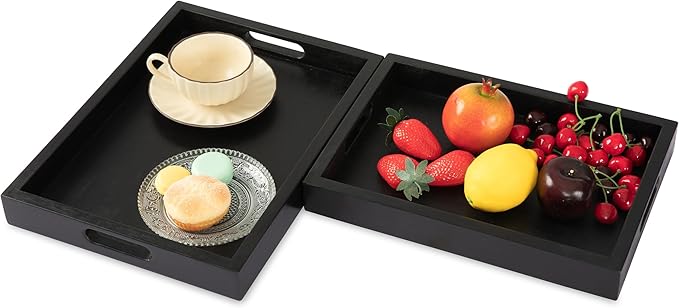 Black Acacia Wooden Rectangular Serving Tray with Handles, Set of 2 (15"x11"), Large Tray for Ottoman, Breakfast in Bed, Dinner, Coffee Table Decor & Kitchen