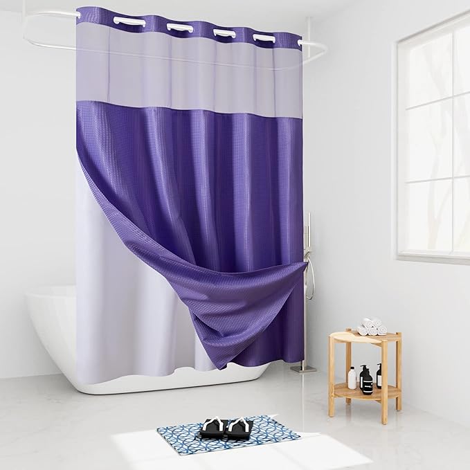 Furlinic Stall Shower Curtain No Hook with Snap in Liner,Waffle Weave Waterproof Bathroom Curtains with See Through Top Window & Weighted Magnets,Purple,54x80 Inch