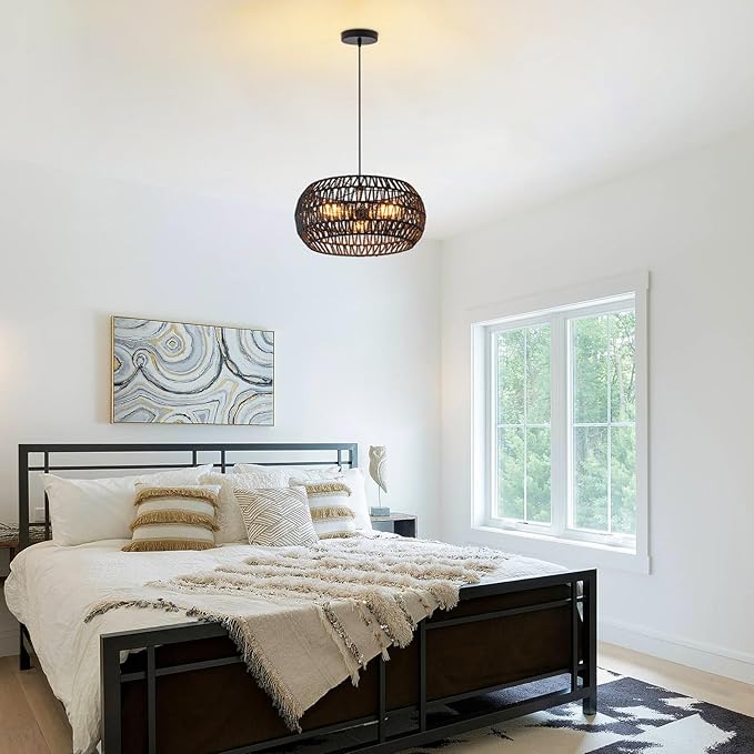 Black Boho Hanging Light Fixture Rattan Chandeliers Drum Pendant Lights for Dinning Room Wicker Chandelier Ceiling Hanging Light Basket Woven Chandelier for Bedroom Hallway Entrance Kitchen Island