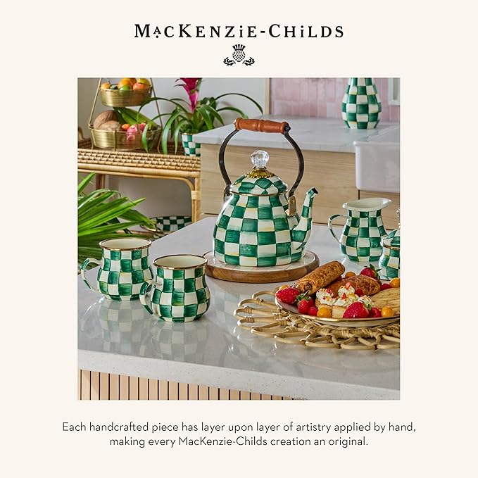 MACKENZIE-CHILDS Enamel Spoon Rest, Kitchen Utensil Rest and Spoon Holder, Kitchen Decor, Green-and-White Emerald Check