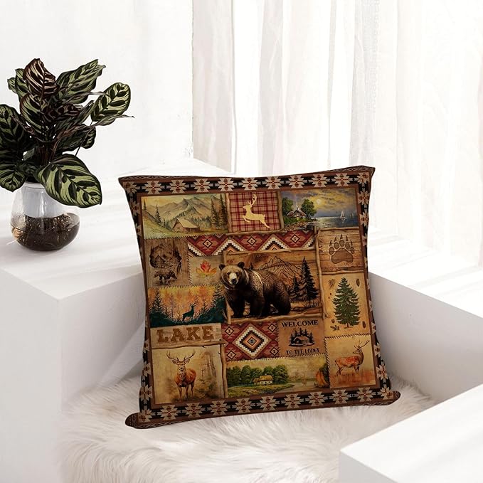 Vintage Rustic Lodge Bear Pillow Covers 18x18 Inch Set of 4, Farmhouse Cabin Throw Pillow Cases for for Couch Bed Sofa Chair Cushion Living Room Decor Brown Cain Pillowcases