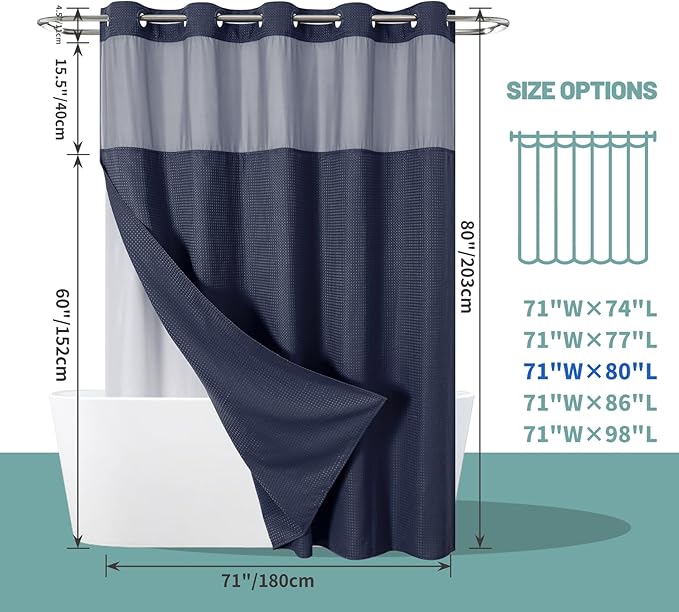 Navy Long No Hook Waffle Weave Shower Curtain with snap-in Liner Replacement, 230GSM Waterproof Fabric Hotel Shower Curtain Set for Bathroom, Through Mesh Top Window,71Wx80H