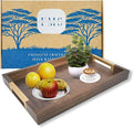 Large Wooden Ottoman Tray with Golden Handles for Serving Food, Decorative Serving Platter for Breakfast, Dinner & Bar, 17.5x11.8in Rustic Storage Tray for Kitchen, Bedroom & Gift Packaging