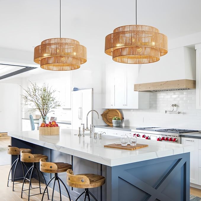 3-Tier Large Rattan Chandeliers, 23.6in Woven Boho Coastal Pendant Lights for Dining Room