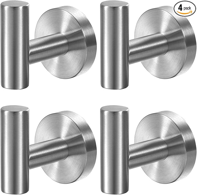 Kruodop Towel Hooks for Bathroom,4 Packs Wall Mount Towel Holder,Black Matte Wall Robe Hook,Stainless Steel Heavy Duty Door Hanger Towel Hook for Kitchen, Bedroom,Hotel,Pool,Coats, Silver