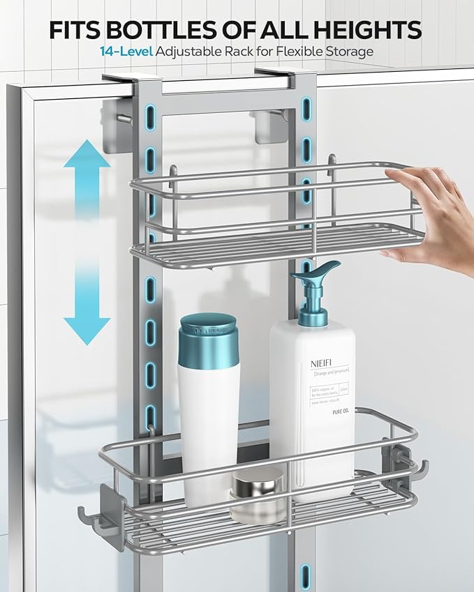 Nieifi Over the Door Shower Caddy, Adjustable 3 Tier Hanging Shower Organizer with Soap Holder Bathroom Shelves with Hooks, Gray