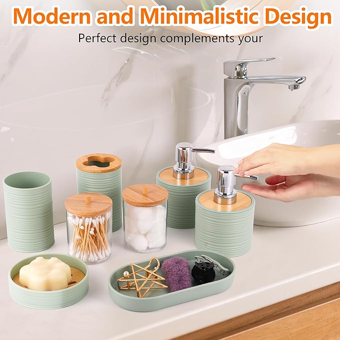 LightGreen Bathroom Set, 25 PCS Bathroom Accessories Set with Shower Curtains, Rugs, Trash Can, Toothbrush Holder, Soap Dispensers, Toothbrush Cup, Vanity Tray, Soap Dish, Toilet Brush, Qtip Holders
