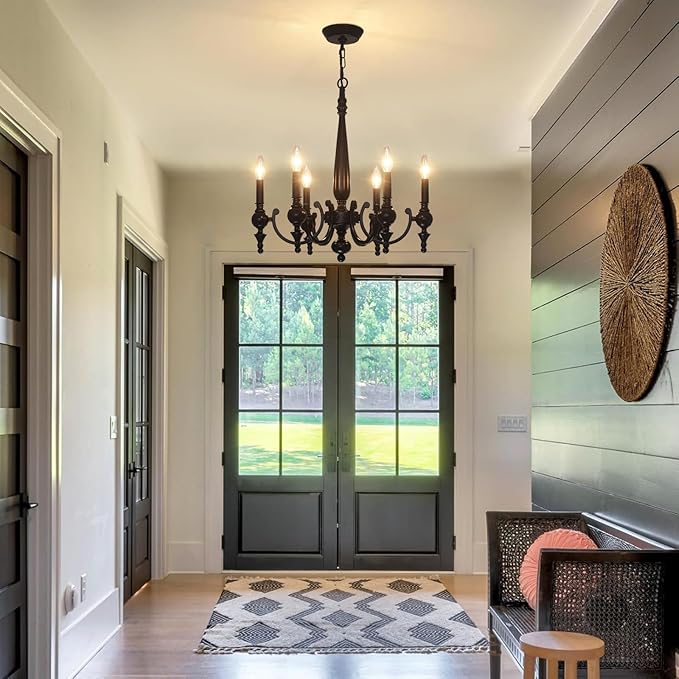 Farmhouse Chandelier, 6-Light Black Chandeliers for Dining Room Light Fixture Iron Metal Hanging Pendant Light, French Country Chandelier for Bedroom Kitchen Island Living Room UL-Listed