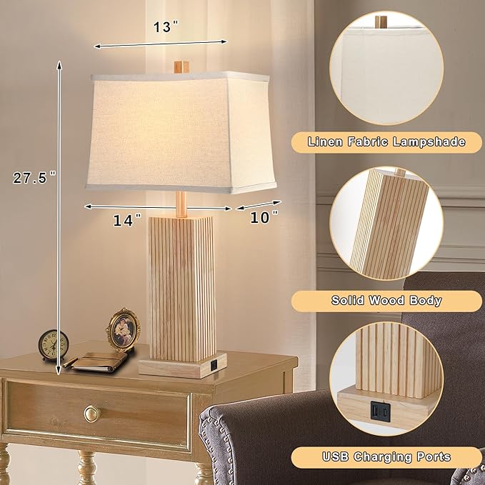 27.5" Wood Table Lamp, Modern Farmhouse Bedroom Lamp for Nightstand with USB Charging Port, Natural Wooden Base Table Lamp for Living Room Bedroom, Bulb Included (Natural Wood)