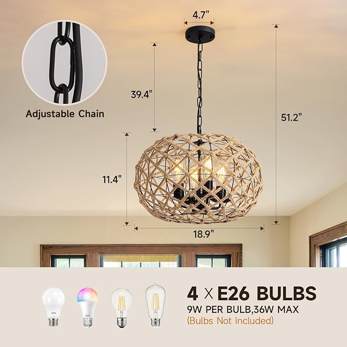 19" Rattan Farmhouse Chandelier Light Fixtures,4-Light Boho Rattan Chandelier for Dining Room Large Hand Woven Pendant Light Hanging Light Fixtures with Fabric Shade for Living Room Bedroom Kitchen