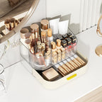 Delamu Makeup Organizer for Vanity with Stackable Drawers, 360 Rotating Makeup Brush Holder Large Cosmetic Display Case for Dresser, Bathroom Countertop Skincare Organizers and Storage, Elegant White