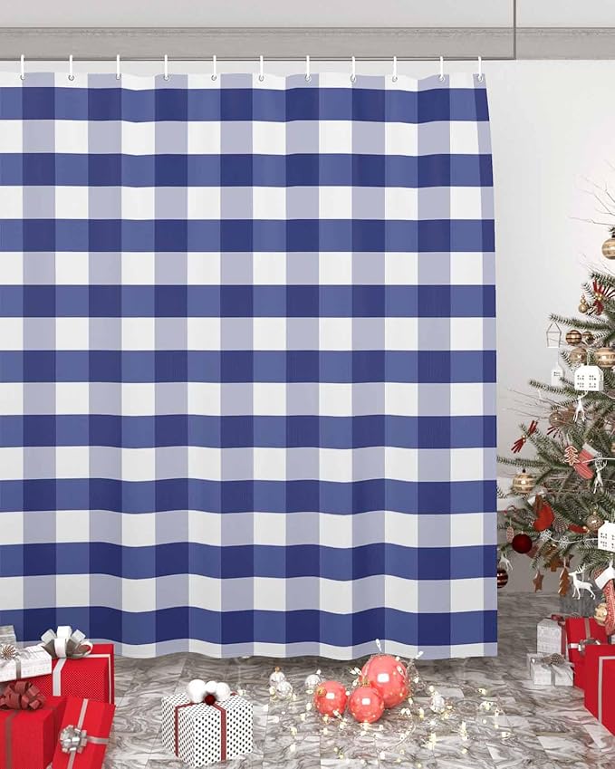 Vandarllin Rustic Navy Blue White Buffalo Check Plaid Pattern Shower Curtain, Farmhouse Shower Curtains Set with Hooks, Waterproof Fabric Bathroom Curtains Decor Home Accessories, 60 X 72 Inch Long