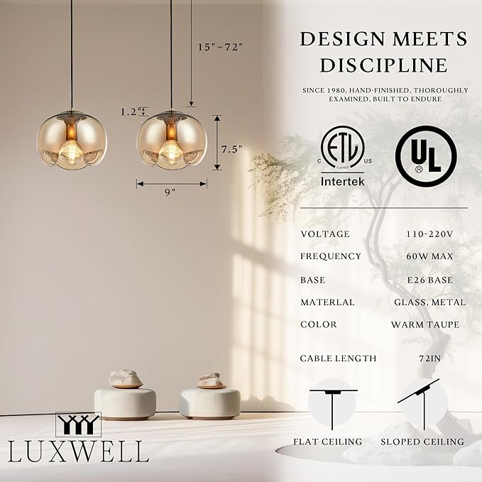 Modern Globe Pendant Light, 9"x7.5" Amber Gradient Glass Hanging Fixture with Gold Base, 15"-72" Adjustable Line, E26 Socket for Living Room, Dining Area, or Entryway – Warm Taupe Globe