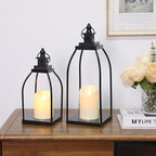 DARJEN Modern Farmhouse Lantern Decor Outdoor & Indoor- 15'' 12'' Black Metal Candle Lanterns for Christmas, Lanterns Decorative with 2 Flameless Candles for Living Room, Home, Table Centerpiece Decor