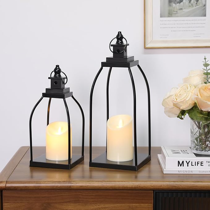 DARJEN Modern Farmhouse Lantern Decor Outdoor & Indoor- 15'' 12'' Black Metal Candle Lanterns for Christmas, Lanterns Decorative with 2 Flameless Candles for Living Room, Home, Table Centerpiece Decor
