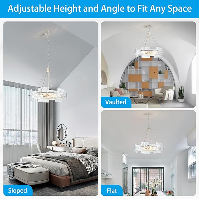 XINGQI Large 8-Light Modern Silver Glass Chandelier 26" Drum Light Fixture Round Water Ripple Pendant Lighting for Dining Room Living Room Kitchen Island Office