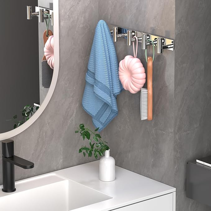 Wall Mounted Coat Rack-5 Hooks, Heavy Duty Stainless Steel Wall Hooks for Towel Coat Bag, Hat Rack Coat Hanger Coat Hooks Towel Racks for Bathroom Entryway Kitchen Hotel (Glossy, 1 Pack)