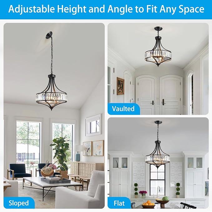 XINGQI Crystal Chandeliers for Dining Room,Modern Black Chandelier,Metal Round Shade Farmhouse 4-Light Rustic Pendant Lighting Fixtures for Hallway Bedroom Foyer