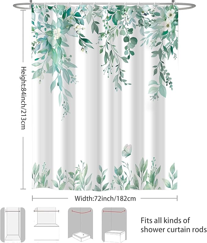Eucalyptus Shower Curtain, Teal Watercolor Leaves with Floral Botanical Bathroom Decor, Waterproof Fabric Bath Curtain Set with Hooks, 72x84 Inches