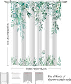 Eucalyptus Shower Curtain, Teal Watercolor Leaves with Floral Botanical Bathroom Decor, Waterproof Fabric Bath Curtain Set with Hooks, 72x84 Inches