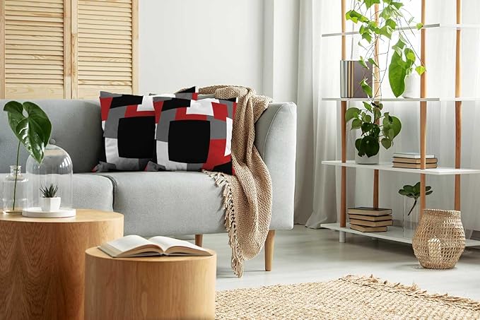 CAPSCEOLL Geometric Throw Pillow Covers 18X18 Set of 2 Soft Geometry Black Red White and Gray Pillow Cases Cushion Covers for Living Room Bedroom Decorative Throw Pillowcases for Sofa Couch Chair