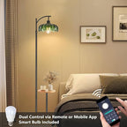Arc Floor Lamp with Table and Shelves,Black Floor Lamp for Bedroom Glass Floor Lamps with Remote Control & 3 Color Temperature,Modern Standing Lamp Tall Flower Floor Lamps for Living Room Corner