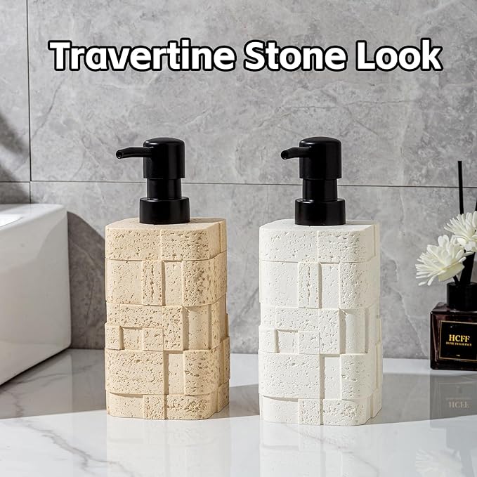 Soap Dispensers 400mL 13.5 OZ, 2 PCS Luxurious Hand Dish Lotion Shampoo Soap Dispenser Jar, Travertine Stone Look Soap Pump Bottles for Kitchen Bathroom Countertop (Yellow)